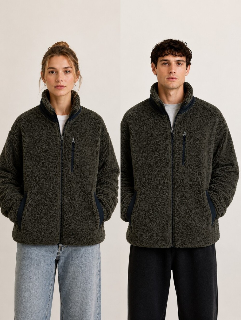 UNIQLO Unisex Windproof Sherpa Fleece Jacket Dark Olive XL Full Zip